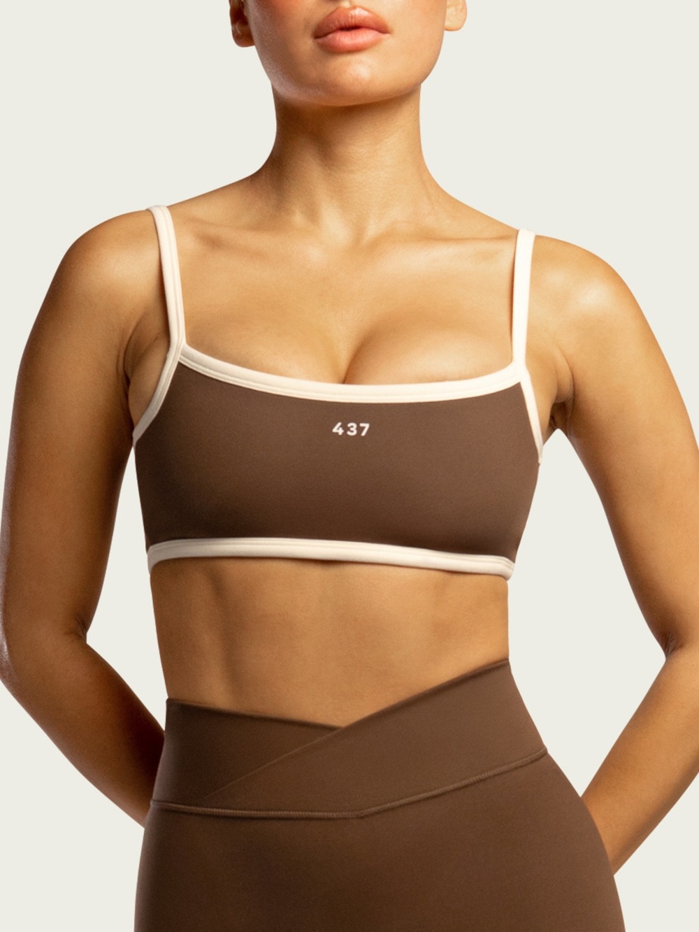 437 The Micro Bra Teddy Brown & Cream Athletic Athleisure Sports Bra EUC Size M